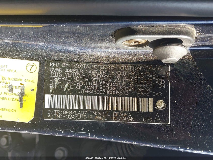 2004 Lexus ES VIN JTHBA30G740008573 IAAI salvage auction — RIGHT FRONT, Salvage (California), sold $400 on 2026-07-15 (photo 9)