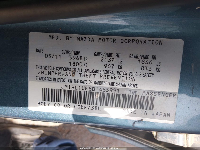 2011 Mazda 3 VIN JM1BL1UF8B1485991 IAAI salvage auction — SUSPENSION, Original (Texas), sold $875 on 2026-07-08 (photo 9)