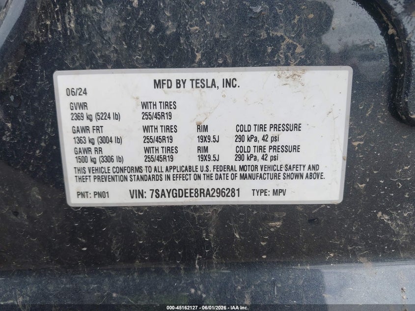 2024 Tesla Model y VIN 7SAYGDEE8RA296281 IAAI salvage auction — ALL OVER, Salvage Title, sold $8,500 on 2026-07-15 (photo 9)