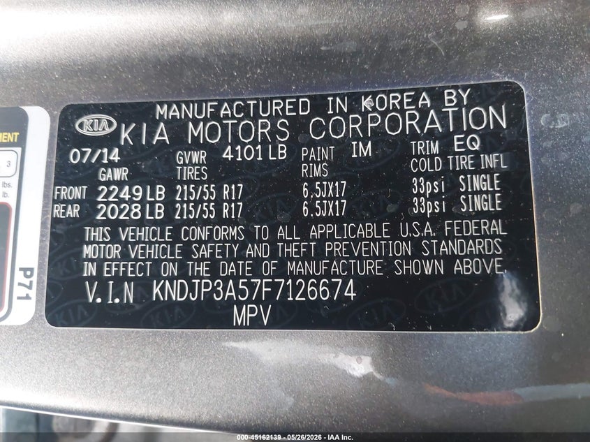 2015 Kia Soul VIN KNDJP3A57F7126674 IAAI salvage auction — REAR END, Salvage (Arizona), sold $600 on 2026-07-28 (photo 9)