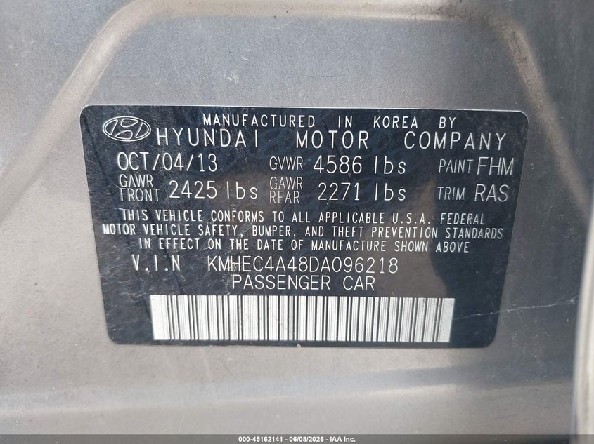 2013 Hyundai Sonata VIN KMHEC4A48DA096218 IAAI salvage auction — LEFT REAR, Salvage (Oklahoma), sold $425 on 2026-07-28 (photo 9)