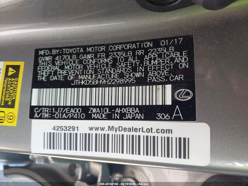 2017 Lexus Ct VIN JTHKD5BH9H2298995 IAAI salvage auction — RIGHT SIDE, Salvage (California), sold $4,650 on 2026-07-15 (photo 9)