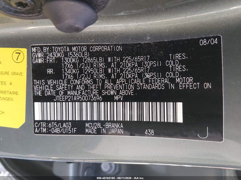 2005 Toyota Highlander VIN JTEEP21A950073696 IAAI salvage auction — FRONT END, Salvage (Oregon), sold $975 on 2026-07-20 (photo 9)