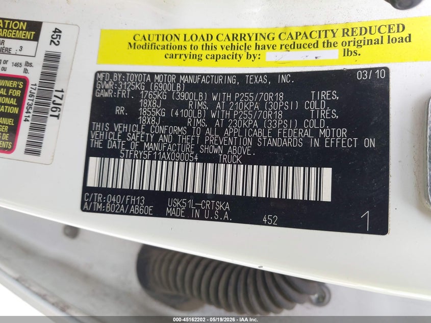2010 Toyota Tundra VIN 5TFRY5F11AX090054 IAAI salvage auction — REAR END, Salvage (Texas), sold $4,525 on 2026-07-15 (photo 9)
