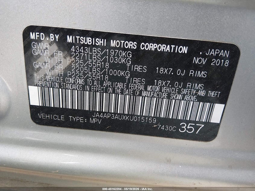 2019 Mitsubishi Outlander VIN JA4AP3AUXKU015159 IAAI salvage auction — FRONT & REAR, Salvage (Illinois), sold $1,750 on 2026-07-07 (photo 9)