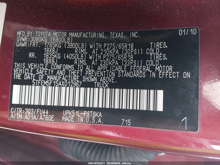 2010 Toyota Tundra VIN 5TFEM5F15AX012967 IAAI salvage auction — FRONT END, Salvage (Arkansas), sold $1,700 on 2026-07-15 (photo 9)