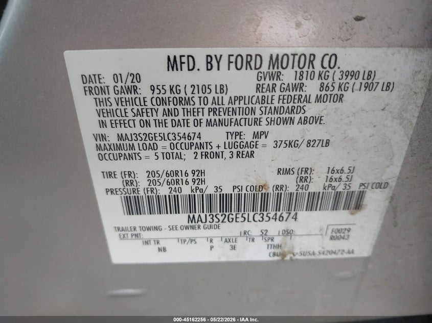 2020 Ford Ecosport VIN MAJ3S2GE5LC354674 IAAI salvage auction — FRONT END, Salvage (Oklahoma), sold $1,450 on 2026-07-29 (photo 9)