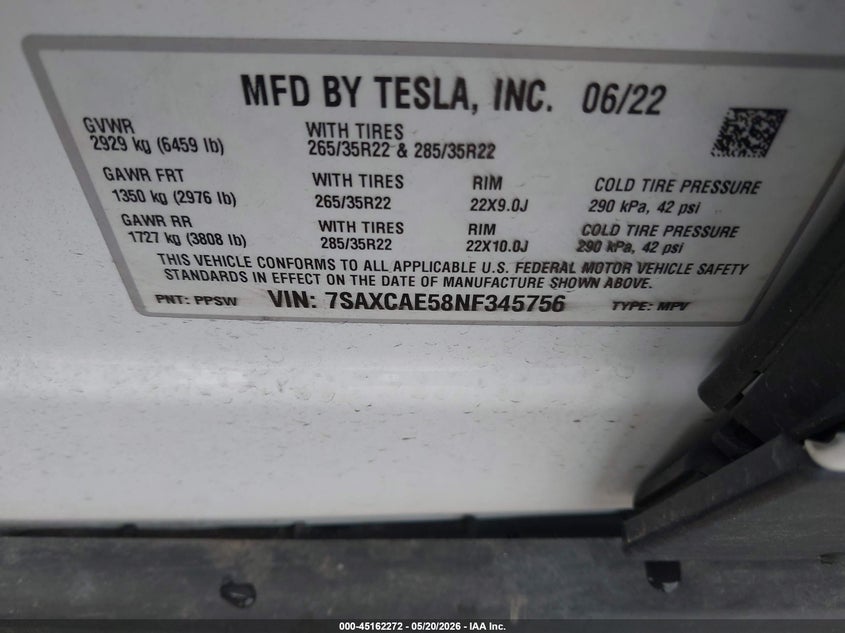 2022 Tesla Model x VIN 7SAXCAE58NF345756 IAAI salvage auction — LEFT REAR, Original (Texas), sold $18,200 on 2026-07-29 (photo 9)