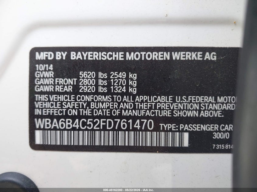 2015 BMW 6er VIN WBA6B4C52FD761470 IAAI salvage auction — SIDE, Salvage (Massachusetts), sold $3,900 on 2026-08-14 (photo 9)