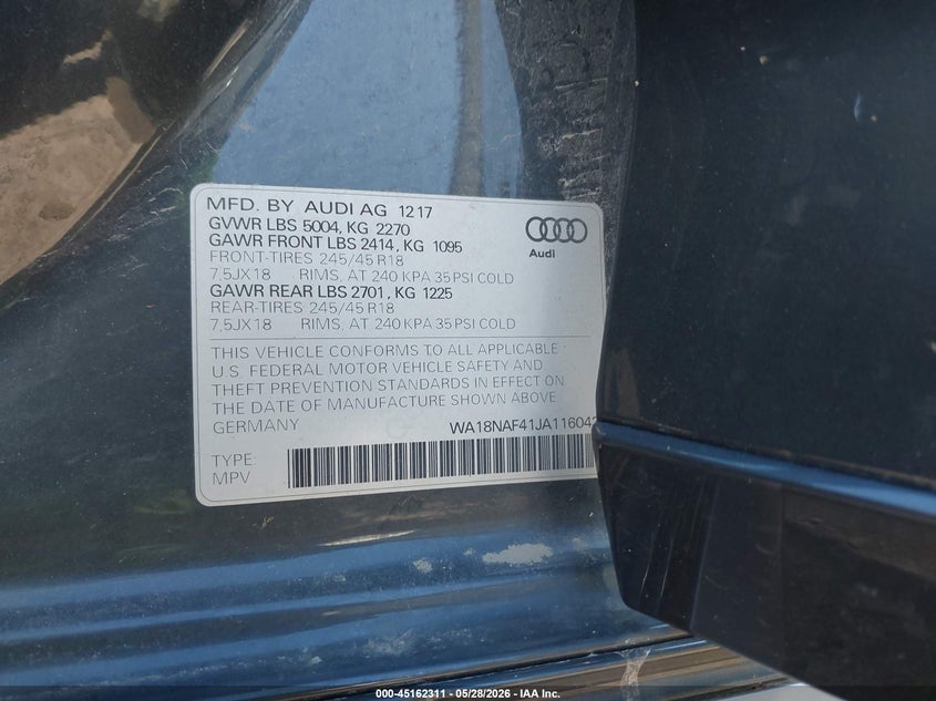 2018 Audi A4 allroad VIN WA18NAF41JA116043 IAAI salvage auction — FRONT END, Salvage Title, sold $8,600 on 2026-07-05 (photo 9)