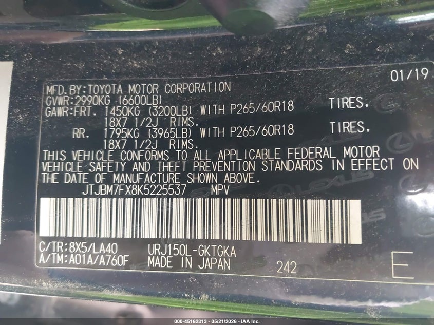 2019 Lexus Gx VIN JTJBM7FX8K5225537 IAAI salvage auction — FRONT END, Salvage (Texas), sold $3,050 on 2026-07-30 (photo 9)