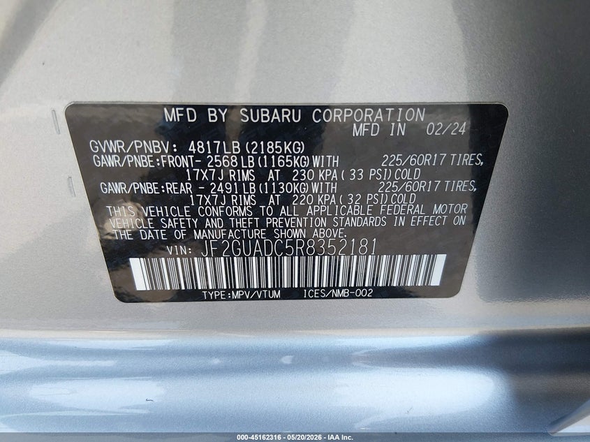 2024 Subaru Xv VIN JF2GUADC5R8352181 IAAI salvage auction — FRONT END, Salvage (Utah), sold $2,775 on 2026-07-17 (photo 9)