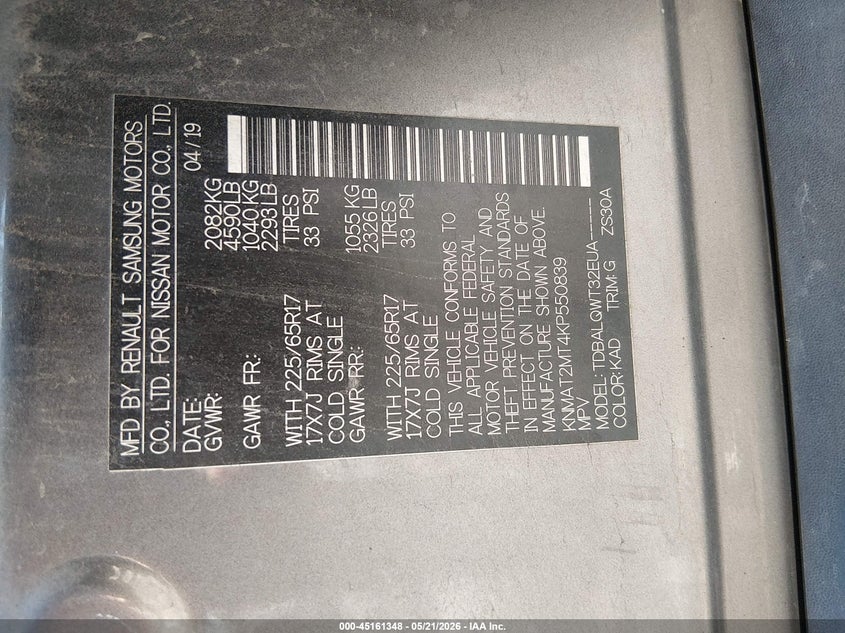 2019 Nissan Rogue VIN KNMAT2MT4KP550839 IAAI salvage auction — RIGHT FRONT, Salvage (South Carolina), sold $1,100 on 2026-07-14 (photo 9)