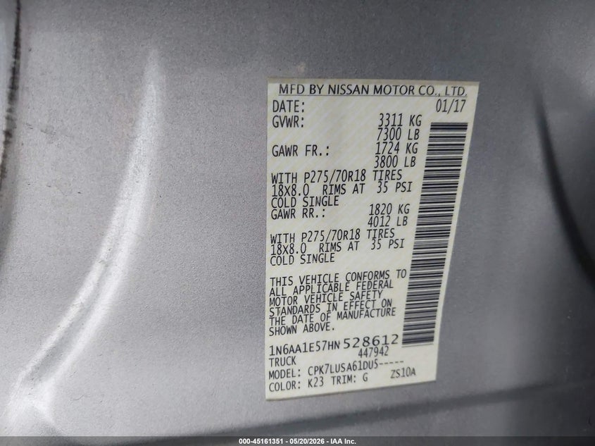 2017 Nissan TITAN VIN 1N6AA1E57HN528612 IAAI salvage auction — ELECTRICAL, Salvage (Georgia), sold $2,850 on 2026-07-23 (photo 9)