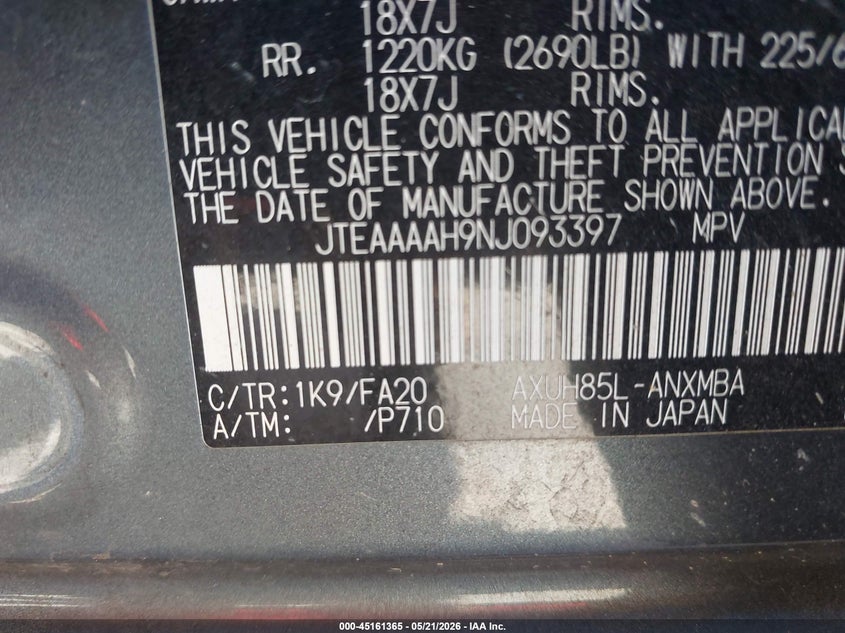 2022 Toyota Venza VIN JTEAAAAH9NJ093397 IAAI salvage auction — REAR END, Salvage (California), sold $7,550 on 2026-07-22 (photo 9)