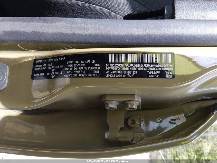 2015 Jeep Renegade VIN ZACCJABT8FPB81259 IAAI salvage auction — FRONT END, Salvage (South Carolina), sold $1,300 on 2026-07-21 (photo 9)
