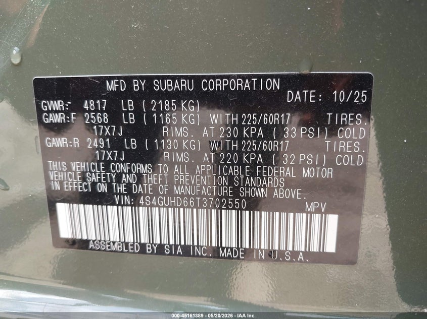 2026 Subaru Xv VIN 4S4GUHD66T3702550 IAAI salvage auction — REAR END, Salvage Title, sold $10,200 on 2026-07-29 (photo 9)