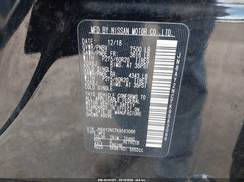 2019 Nissan Armada VIN JN8AY2NC7K9583066 IAAI salvage auction — REAR END, Salvage (Indiana), sold $8,200 on 2026-07-21 (photo 9)