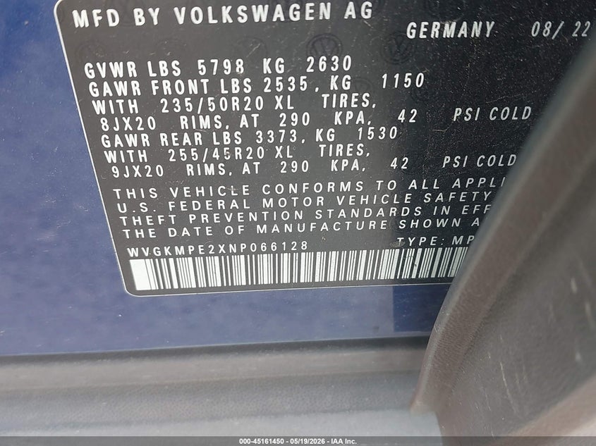 2022 Volkswagen Id.4 VIN WVGKMPE2XNP066128 IAAI salvage auction — LEFT FRONT, Salvage (Texas), sold $9,500 on 2026-07-17 (photo 9)