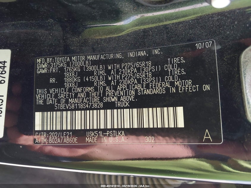 2008 Toyota Tundra VIN 5TBEV58118S473828 IAAI salvage auction — NORMAL WEAR, Salvage (Texas), sold $2,250 on 2026-07-29 (photo 9)