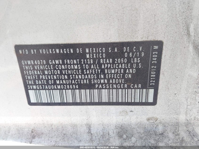 2019 Volkswagen Golf VIN 3VWG57AU0KM028694 IAAI salvage auction — FRONT END, Salvage (North Carolina), sold $2,250 on 2026-07-22 (photo 9)