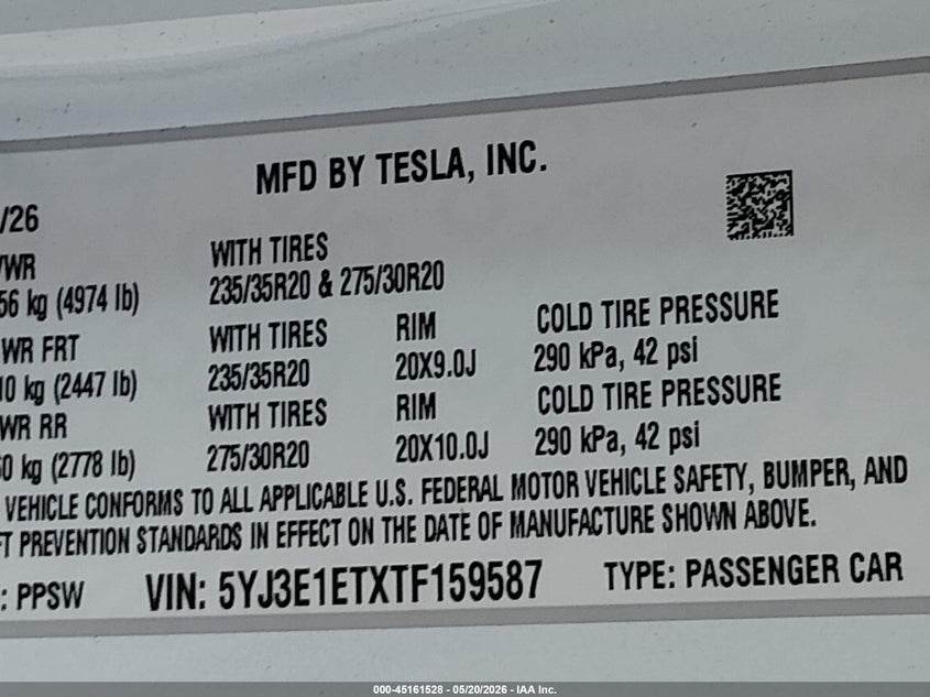 2026 Tesla Model 3 VIN 5YJ3E1ETXTF159587 IAAI salvage auction — LEFT REAR, Certificate Of Destruction (Florida), sold $16,100 on 2026-07-30 (photo 9)