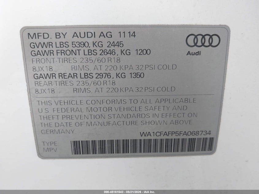 2015 Audi Q5 VIN WA1CFAFP5FA068734 IAAI salvage auction — FRONT END, Salvage (Missouri), sold $1,000 on 2026-07-22 (photo 9)