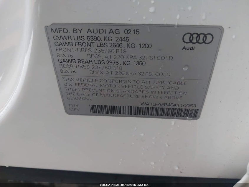 2015 Audi Q5 VIN WA1LFAFP4FA110083 IAAI salvage auction — RIGHT REAR, Original (Texas), sold $3,250 on 2026-07-24 (photo 9)