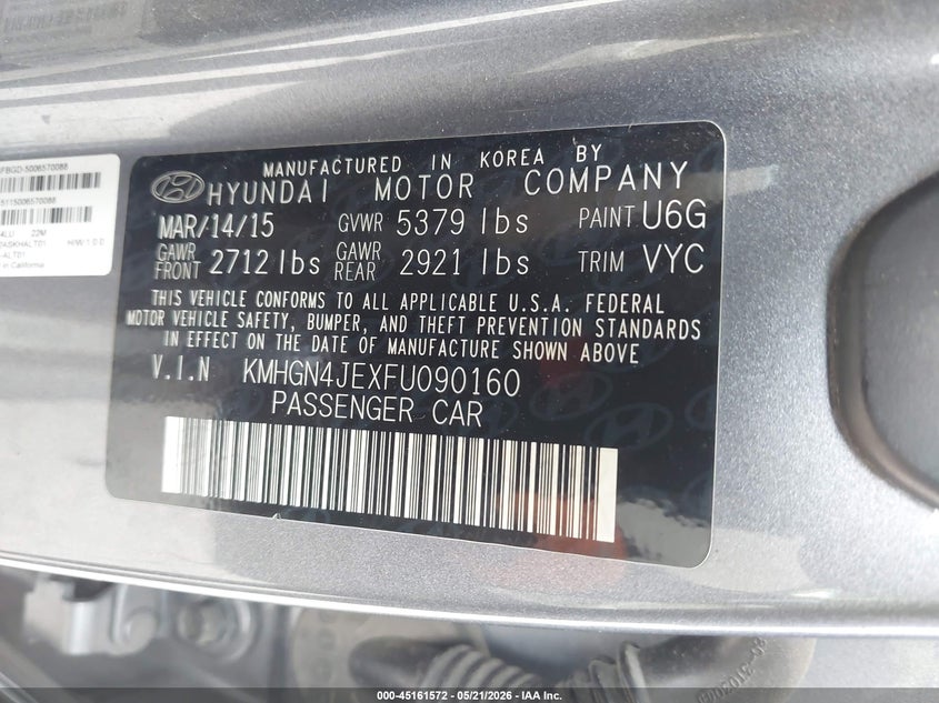 2015 Hyundai Genesis VIN KMHGN4JEXFU090160 IAAI salvage auction — WATER/FLOOD, Salvage (Texas), sold $125 on 2026-07-28 (photo 9)