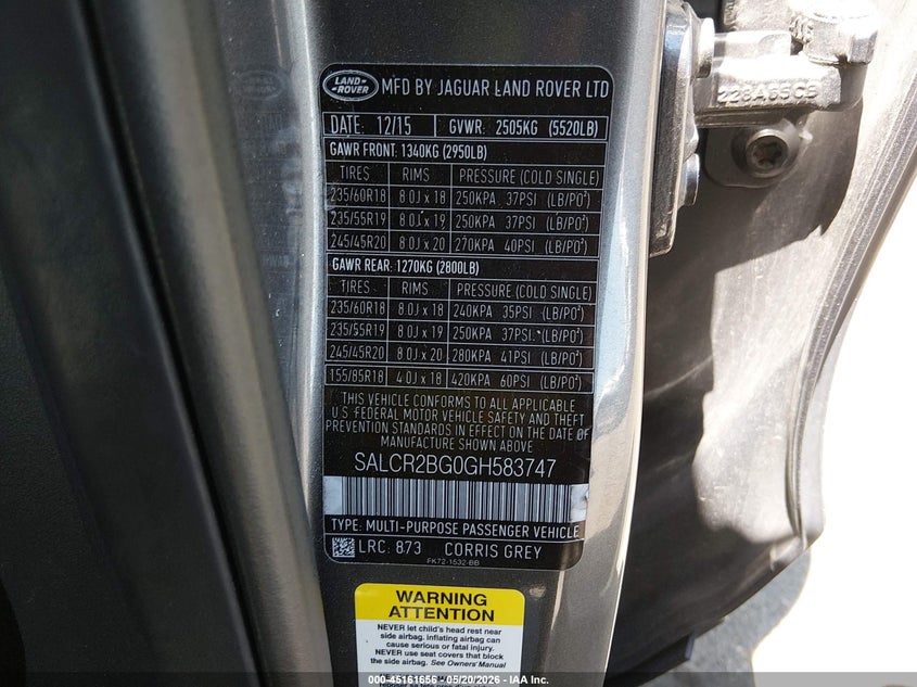 2016 Land rover Discovery sport VIN SALCR2BG0GH583747 IAAI salvage auction — FRONT END, Salvage (New Jersey), sold $1,600 on 2026-07-27 (photo 9)
