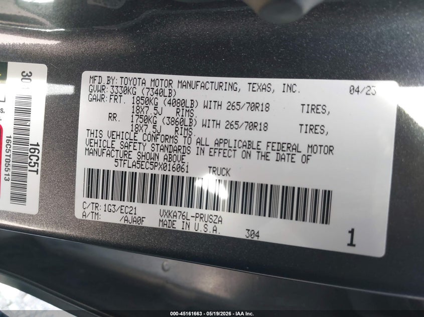 2023 Toyota Tundra VIN 5TFLA5EC5PX016061 IAAI salvage auction — FRONT END, Salvage (New Jersey), sold $25 on 2026-07-28 (photo 9)
