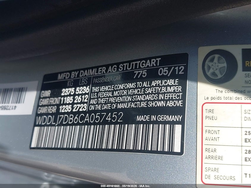 2012 Mercedes-benz Cls-klasse VIN WDDLJ7DB6CA057452 IAAI salvage auction — FRONT & REAR, Salvage (Texas), sold $850 on 2026-07-21 (photo 9)