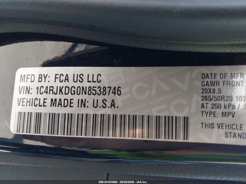 2022 Jeep Grand cherokee VIN 1C4RJKDG0N8538746 IAAI salvage auction — Burn Engine, Junk Receipt (North Carolina), sold $2,000 on 2026-07-12 (photo 9)