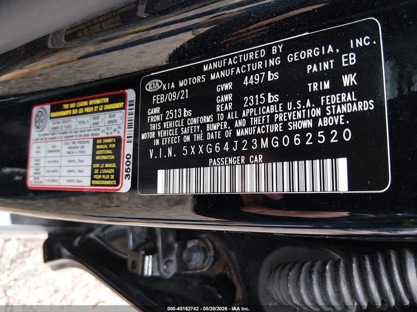2021 Kia K5 VIN 5XXG64J23MG062520 IAAI salvage auction — REAR END, Salvage (Missouri), sold $6,200 on 2026-07-27 (photo 9)