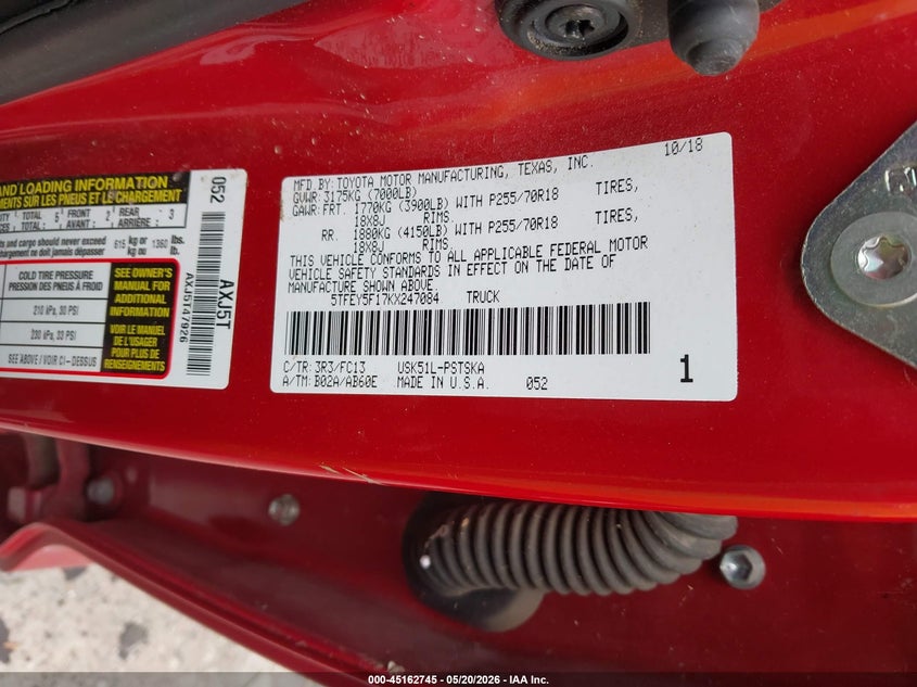 2019 Toyota Tundra VIN 5TFEY5F17KX247084 IAAI salvage auction — ROLLOVER, Original (Texas), sold $225 on 2026-07-28 (photo 9)