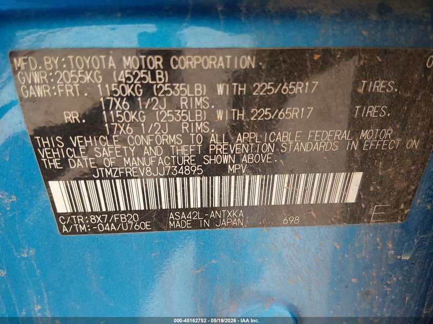2018 Toyota Rav 4 VIN JTMZFREV8JJ734895 IAAI salvage auction — FRONT END, Salvage (Georgia), sold $275 on 2026-07-23 (photo 9)