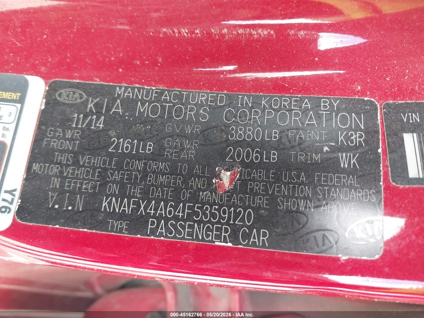 2015 Kia Forte VIN KNAFX4A64F5359120 IAAI salvage auction — LEFT SIDE, Salvage (Illinois), sold $400 on 2026-07-22 (photo 9)
