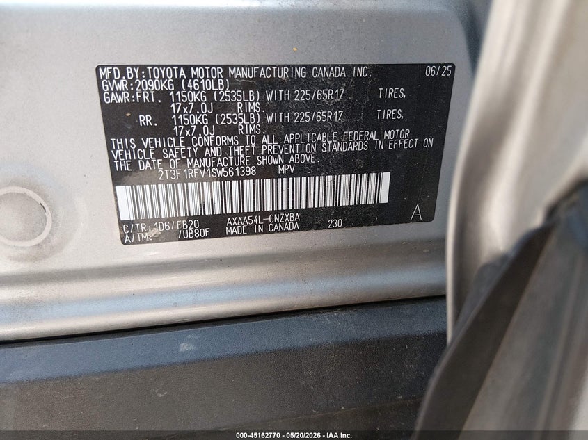 2025 Toyota Rav 4 VIN 2T3F1RFV1SW561398 IAAI salvage auction — FRONT END, Salvage (Colorado), sold $7,400 on 2026-07-29 (photo 9)