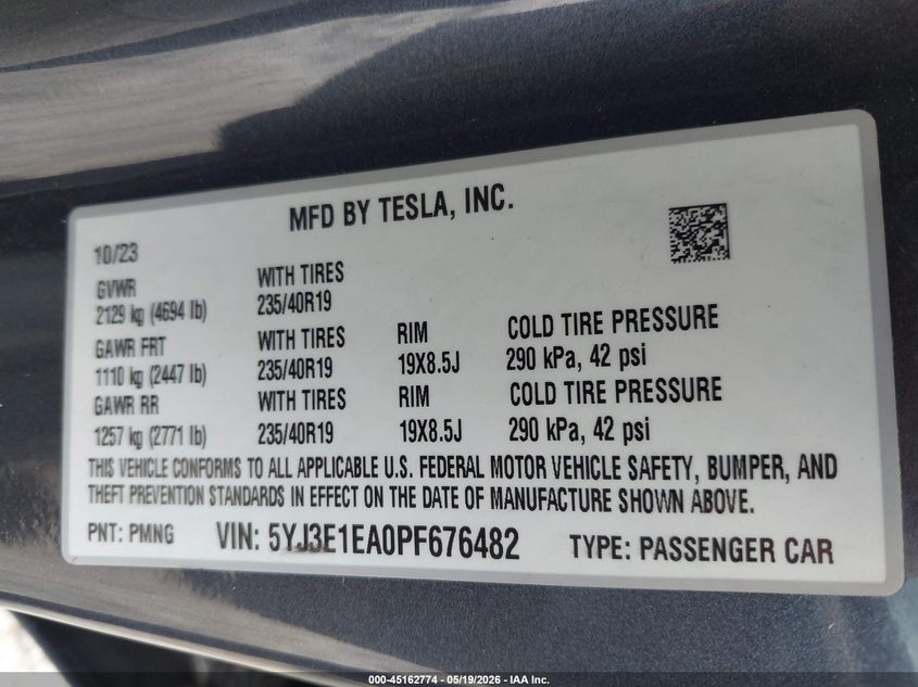 2023 Tesla Model 3 VIN 5YJ3E1EA0PF676482 IAAI salvage auction — RIGHT FRONT, Rebuildable (Florida), sold $8,800 on 2026-07-16 (photo 9)