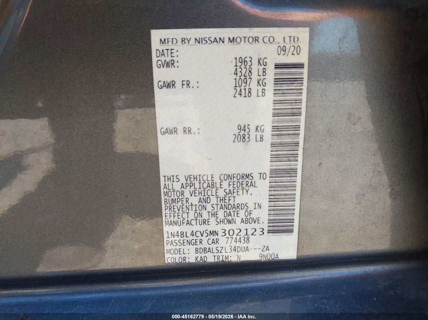2021 Nissan Altima VIN 1N4BL4CV5MN302123 IAAI salvage auction — REAR END, Salvage (South Carolina), sold $1,650 on 2026-07-25 (photo 9)