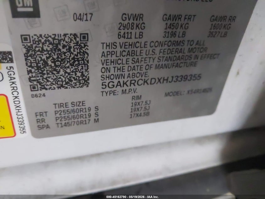 2017 Buick Enclave VIN 5GAKRCKDXHJ339355 IAAI salvage auction — REAR END, Salvage (Texas), sold $125 on 2026-07-09 (photo 9)