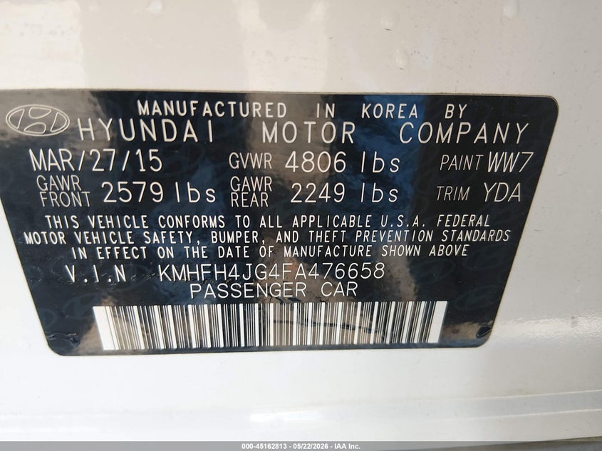 2015 Hyundai Azera VIN KMHFH4JG4FA476658 IAAI salvage auction — LEFT REAR, Salvage (Mississippi), sold $2,450 on 2026-07-29 (photo 9)