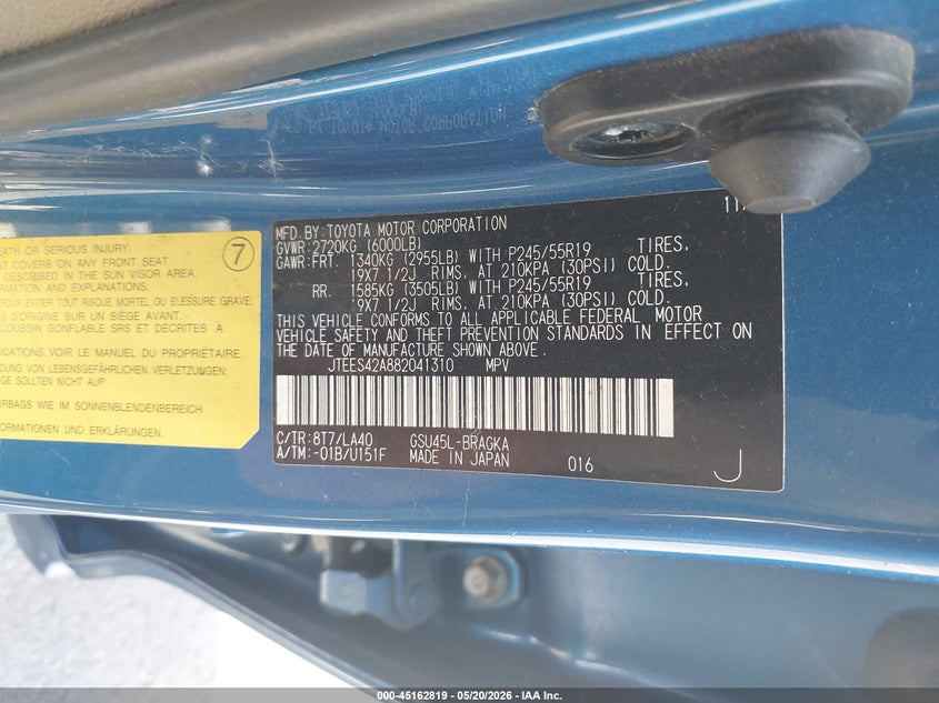 2008 Toyota Highlander VIN JTEES42A882041310 IAAI salvage auction — FRONT END, Salvage (Oregon), sold $350 on 2026-07-21 (photo 9)