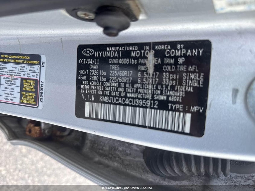 2012 Hyundai VIN KM8JUCAC4CU395912 IAAI salvage auction — NORMAL WEAR, Original (New Hampshire), sold $1,950 on 2026-07-08 (photo 9)