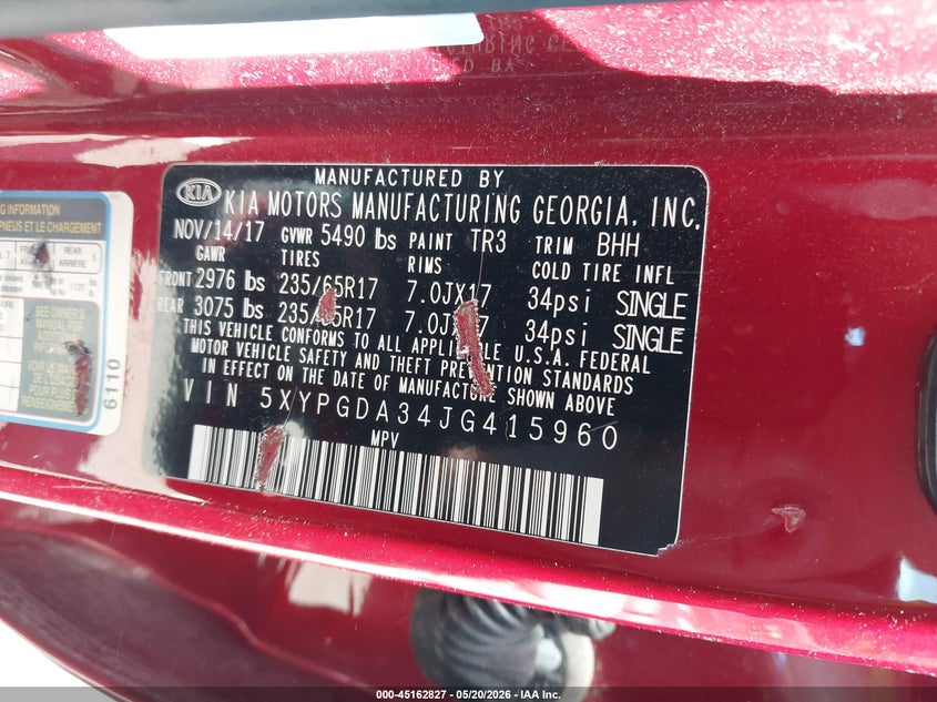 2018 Kia Sorento VIN 5XYPGDA34JG415960 IAAI salvage auction — FRONT END, Salvage (North Carolina), sold $1,100 on 2026-07-16 (photo 9)