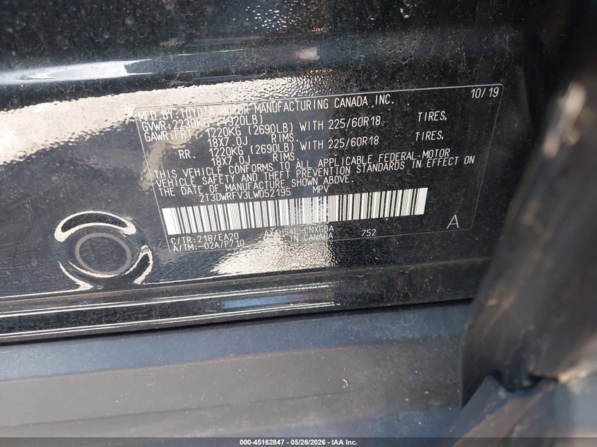 2020 Toyota Rav 4 VIN 2T3DWRFV3LW052195 IAAI salvage auction — FRONT END, Salvage (Massachusetts), sold $5,700 on 2026-07-25 (photo 9)