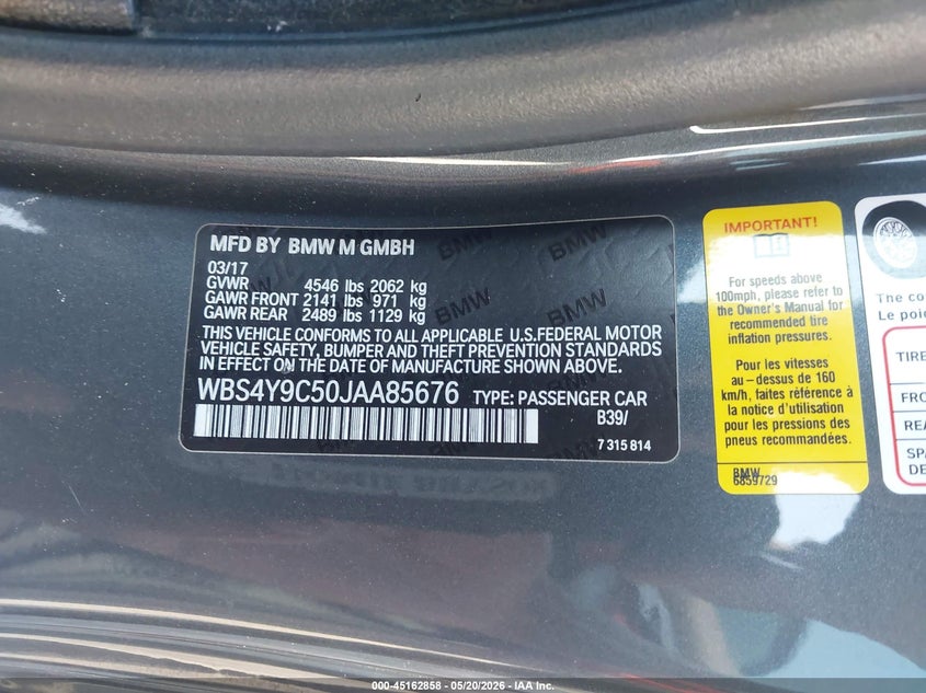 2018 BMW M4 VIN WBS4Y9C50JAA85676 IAAI salvage auction — REAR END, Salvage (Georgia), sold $10,550 on 2026-07-15 (photo 9)