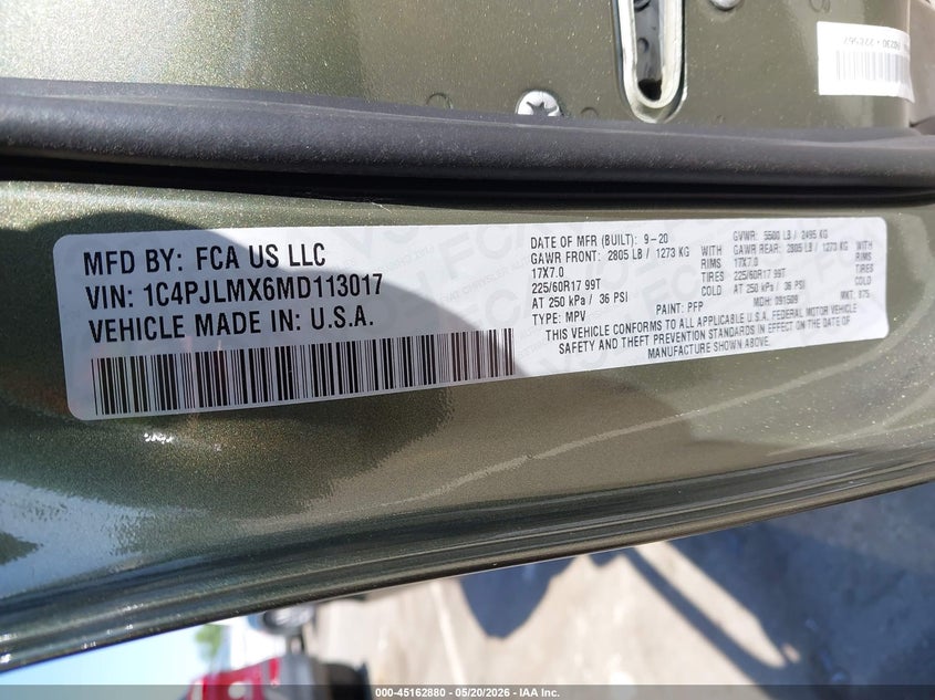 2021 Jeep Cherokee VIN 1C4PJLMX6MD113017 IAAI salvage auction — Burn Interior, Salvage (North Carolina), sold $2,150 on 2026-07-09 (photo 9)