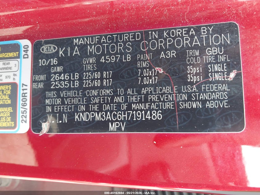 2017 Kia Sportage VIN KNDPM3AC6H7191486 IAAI salvage auction — ROLLOVER, Salvage (Georgia), sold $825 on 2026-07-17 (photo 9)