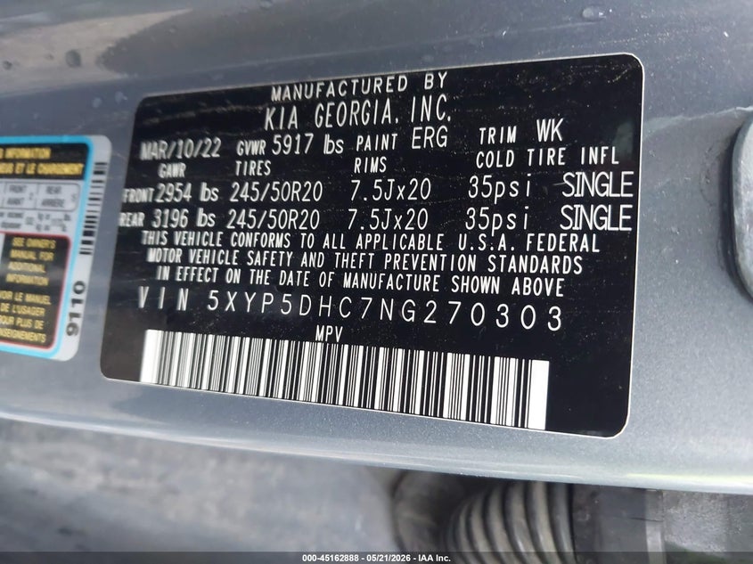 2022 Kia Telluride VIN 5XYP5DHC7NG270303 IAAI salvage auction — LEFT SIDE, Junk (Oklahoma), sold $6,500 on 2026-07-14 (photo 9)